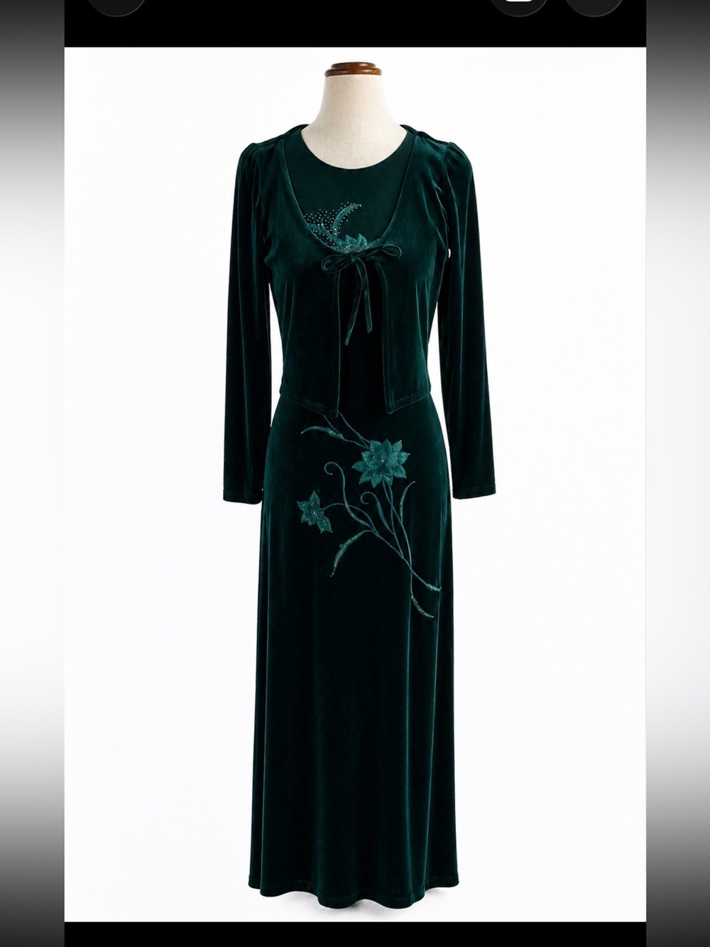 Vintage Emerald Green Velvet Gown Embroidered Beaded Formal Dress Backless